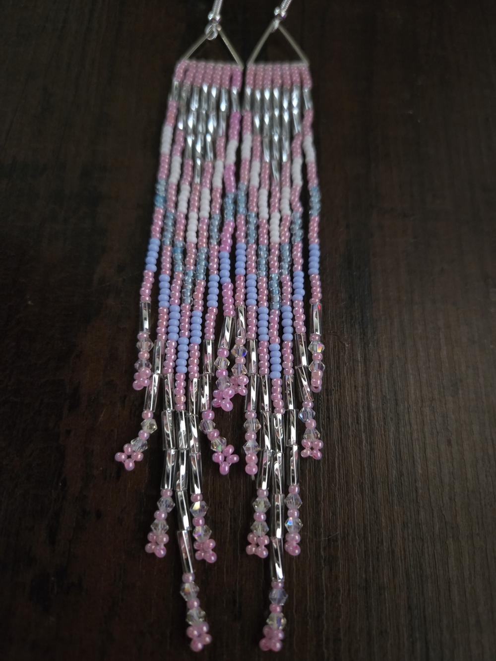 Long Pink Seed Bead Fringe Earrings with Silver Accents